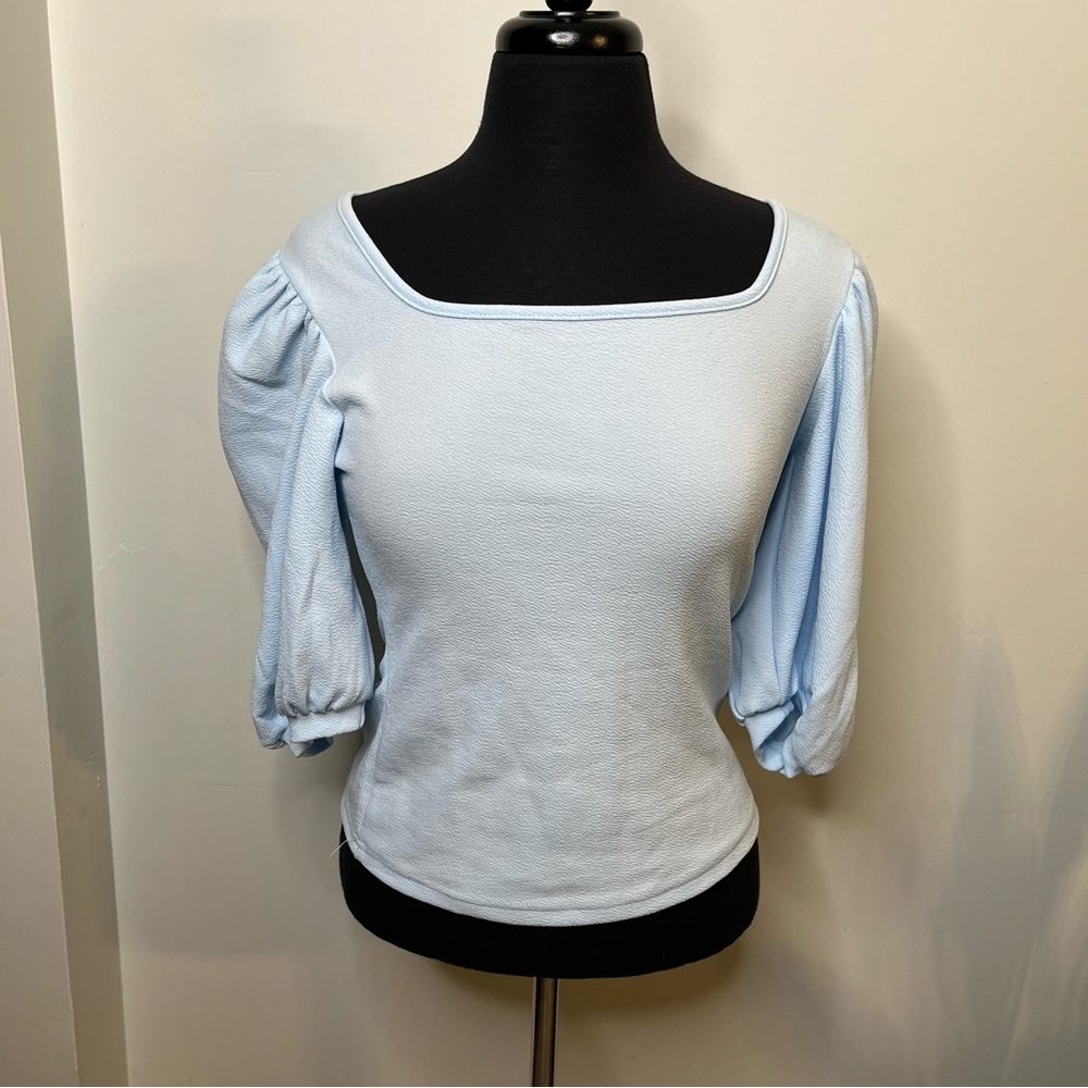 Light Blue ROMWE Women’s Casual Puff Sleeve Square Neck Slim Fit Top
